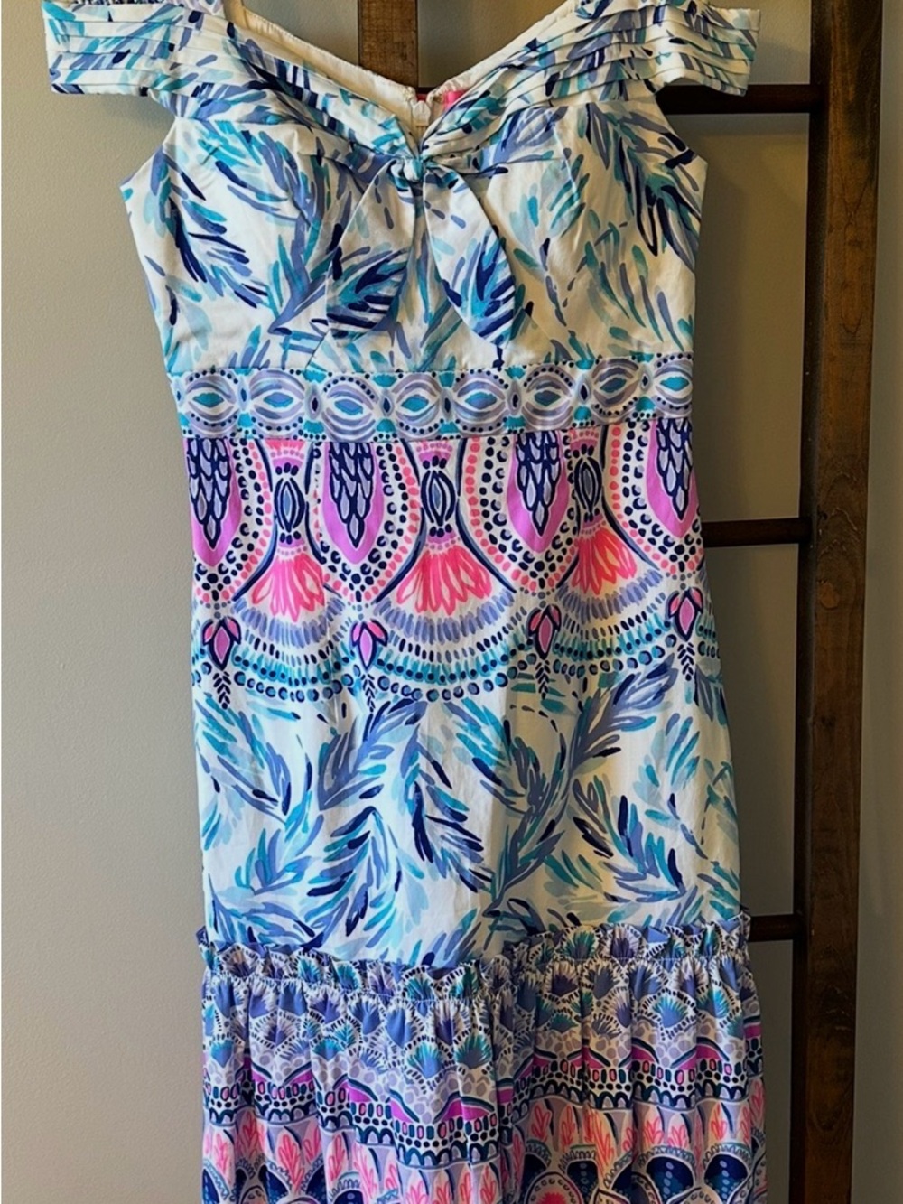 Lilly Pulitzer Blue & Pink Off-Shoulder Midi Dress